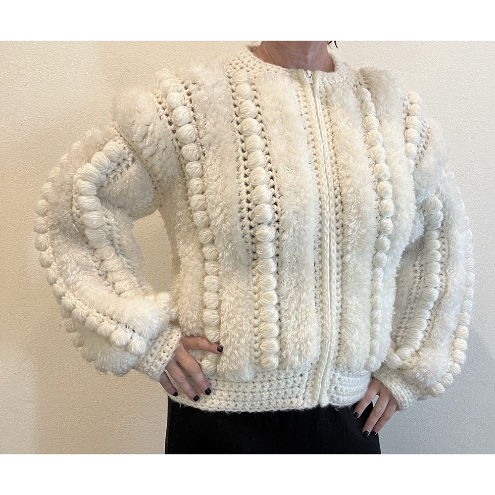Vintage Ce'e Sweater Rare White Chunky Knit Cardigan Medium Puff Sleeve‎ Zip
